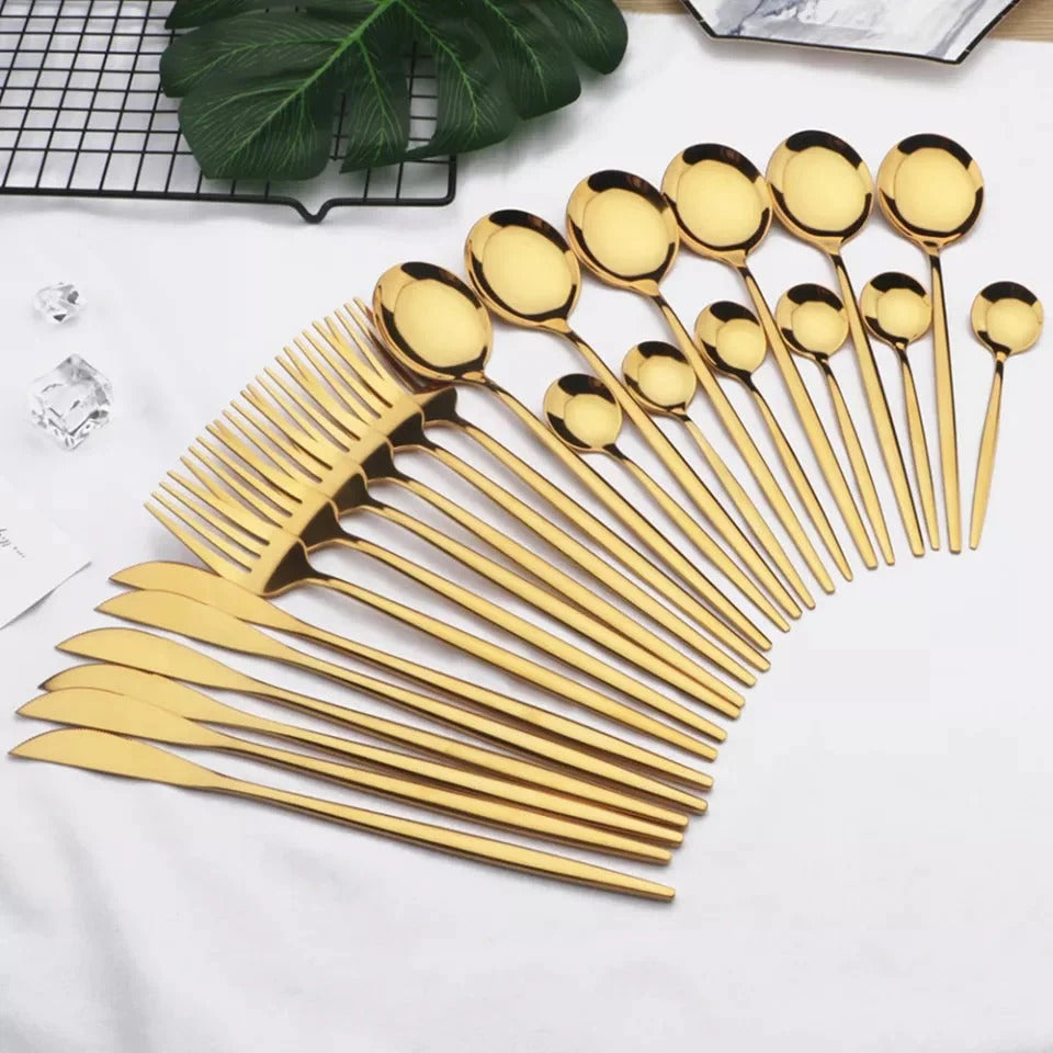 24 Pcs Premium Steel Cutlery Set-Plain Golden