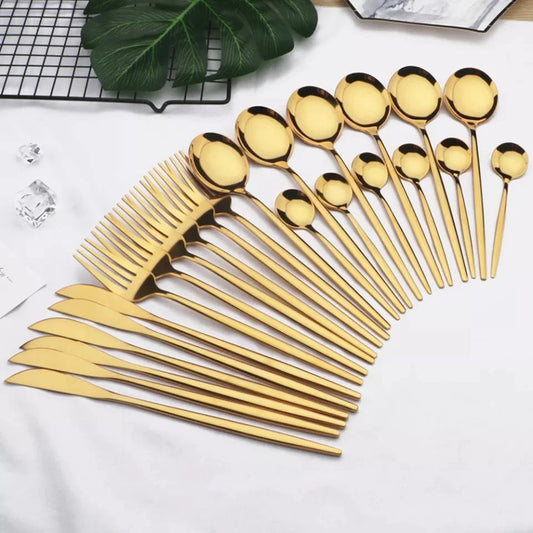 24 Pcs Premium Steel Cutlery Set-Plain Golden