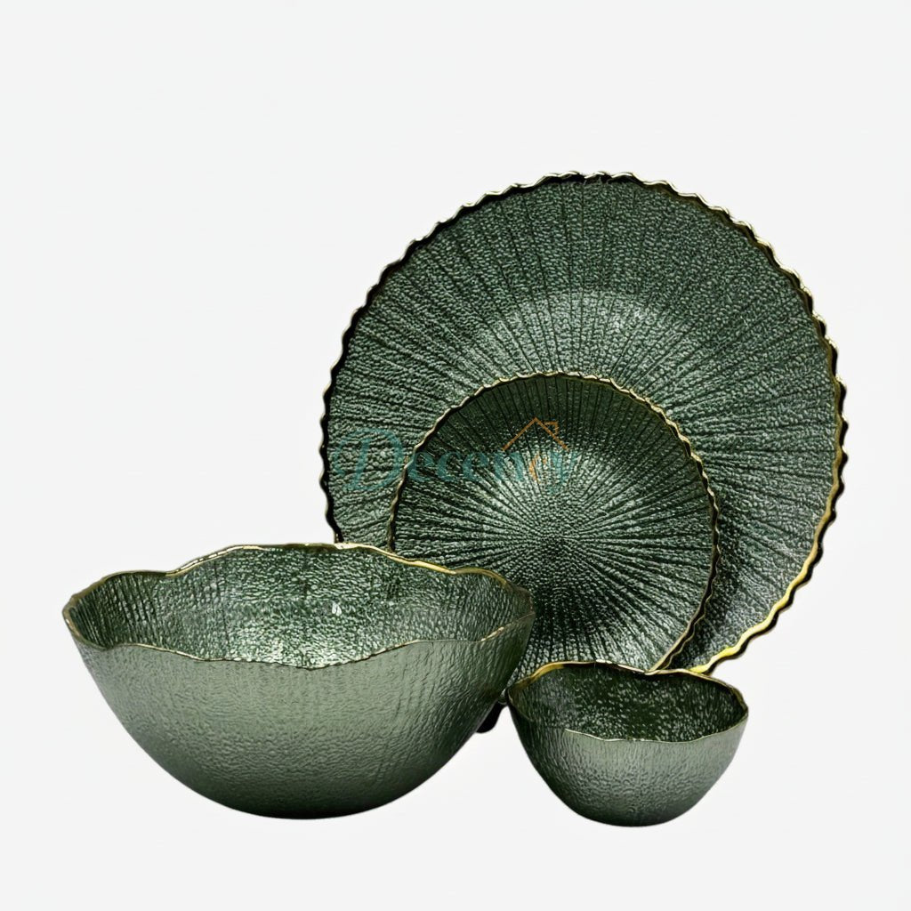 Elegant 14-Piece Textured Fruit & Cake Set – Deep Metallic Green with Gold Accents