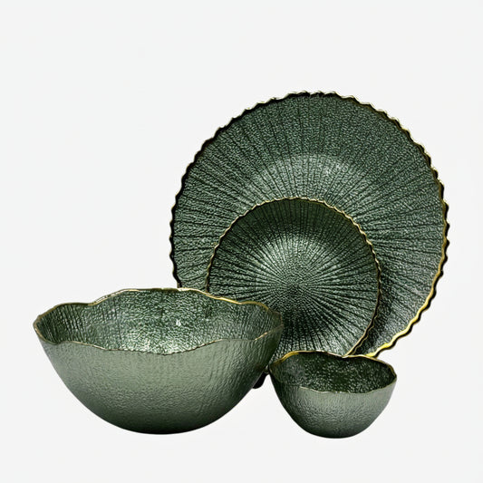 Elegant 14-Piece Textured Fruit & Cake Set – Deep Metallic Green with Gold Accents