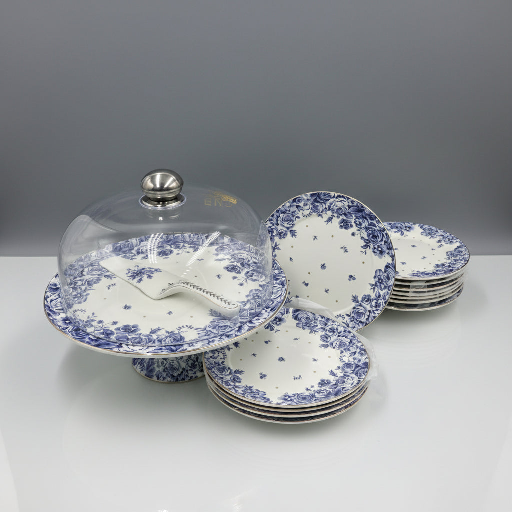 Royal Albert–Inspired 9-Pcs Bone China Cake Set | Floral Elegance with Dome #2