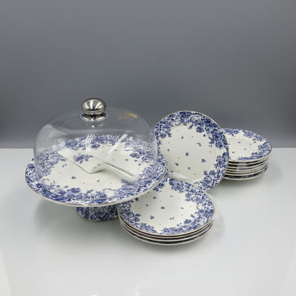 Royal Albert–Inspired 9-Pcs Bone China Cake Set | Floral Elegance with Dome #2