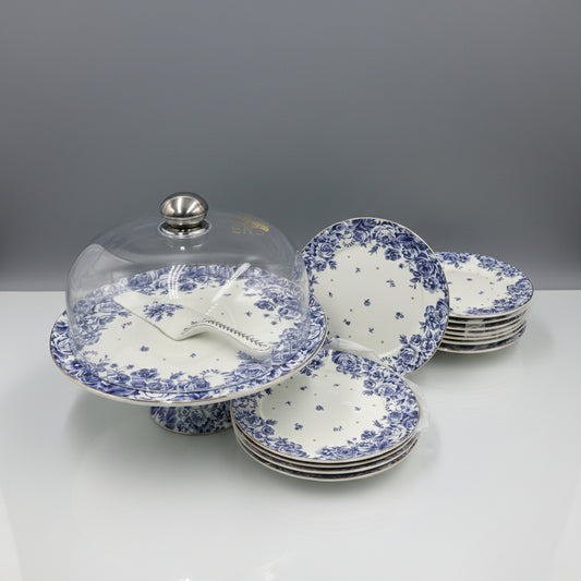 Royal Albert–Inspired 9-Pcs Bone China Cake Set | Floral Elegance with Dome #2