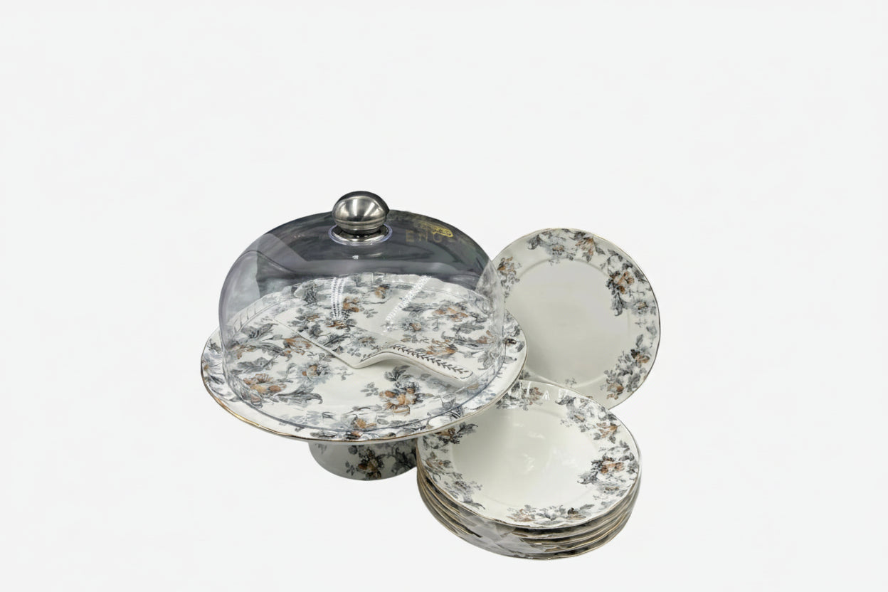 Royal Albert–Inspired 9-Pcs Bone China Cake Set | Floral Elegance with Dome #5