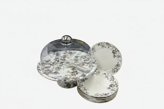 Royal Albert–Inspired 9-Pcs Bone China Cake Set | Floral Elegance with Dome #5