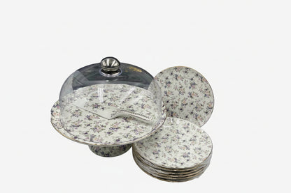 Royal Albert–Inspired 9-Pcs Bone China Cake Set | Floral Elegance with Dome #1