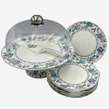 Royal Albert–Inspired 9-Pcs Bone China Cake Set | Floral Elegance with Dome #4