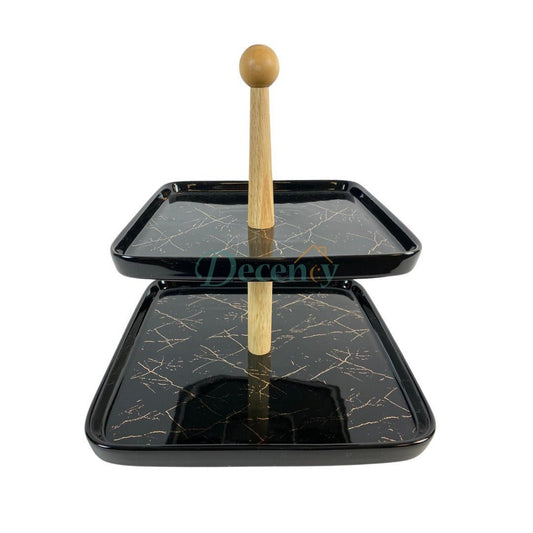 Two Tier Ceramic Serving Tray with Wooden Handle
