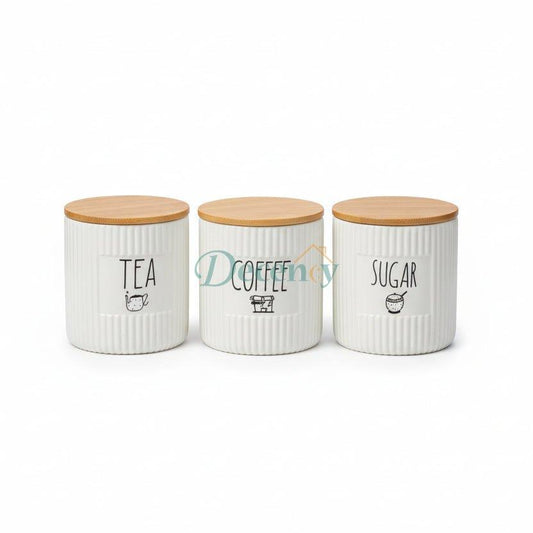 Luxury Ceramic Tea, Coffee & Sugar Canister Set with Wooden Tray