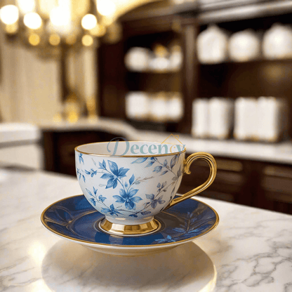 blue floral tea set, Johnson Brothers porcelain tea set, English tea set with blue flowers, 12-piece cups and saucers set, luxury tea cup set, classic blue blossom design