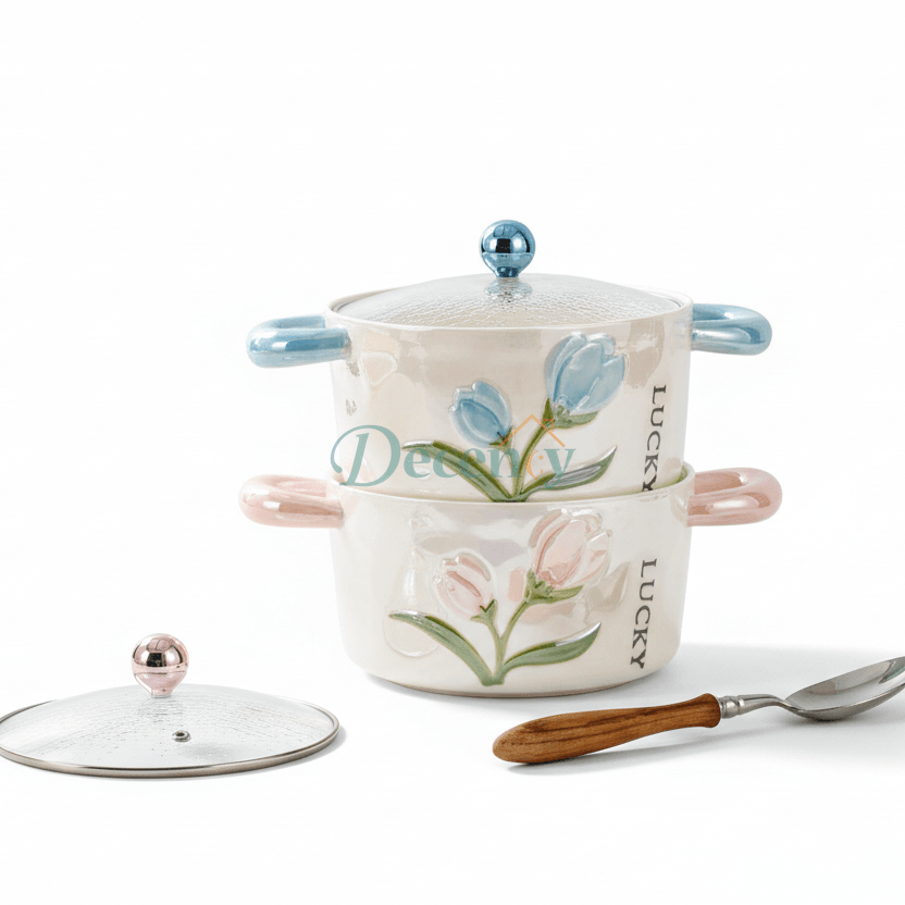 Luxury Floral Heat-Resistant Porcelain Cooking Pot with Glass Lid (1200ML)