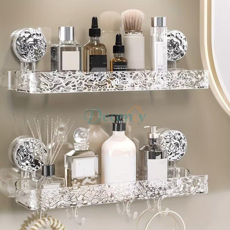 Bathroom Tray Storage Rack With Corrugated Design With Hooks For Hanging And Organizing Items.