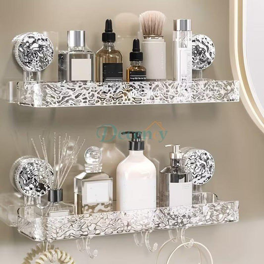 Bathroom Tray Storage Rack With Corrugated Design With Hooks For Hanging And Organizing Items.
