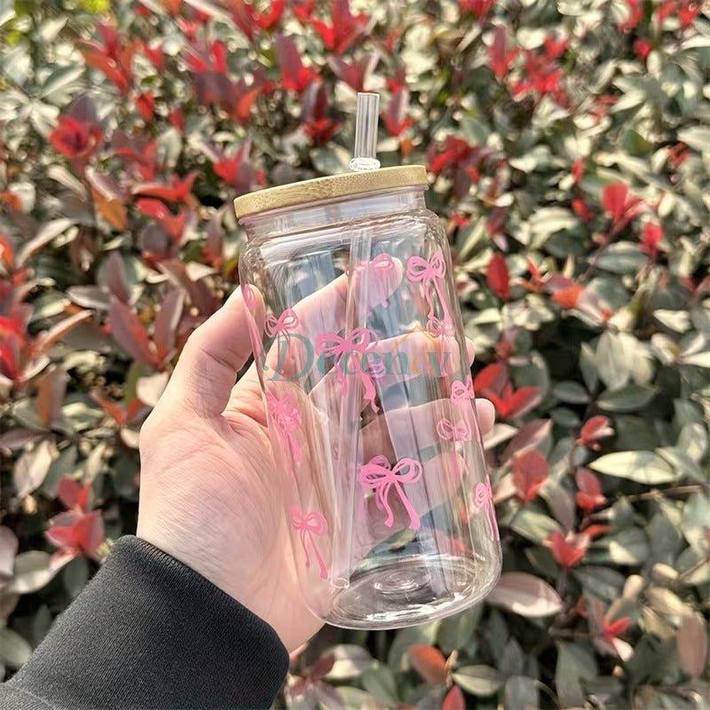 16 Oz Glass Cup with Lid and Straw, Blue Bow Design