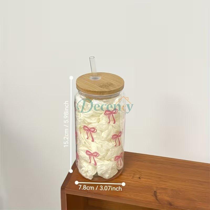 16 Oz Glass Cup with Lid and Straw, Blue Bow Design