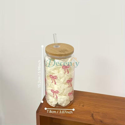 16 Oz Glass Cup with Lid and Straw, Blue Bow Design