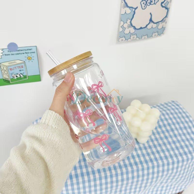16 Oz Glass Cup with Lid and Straw, Blue Bow Design