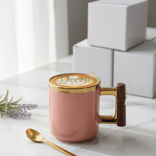 Luxury Ceramic Coffee Mug with Gold Trim & Ergonomic Wood Handle