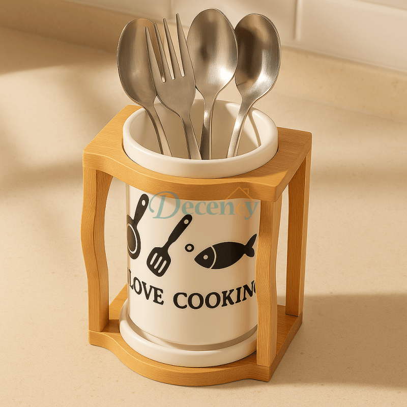 Premium Ceramic Cutlery Holder with Wooden Stand
