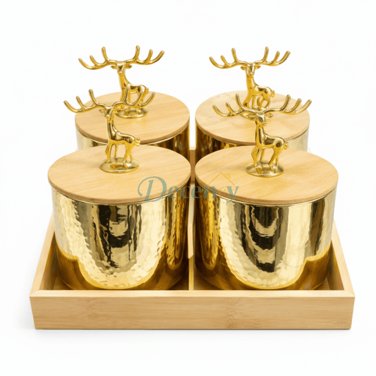 4Pcs Luxury Gold Storage Jar Set with Deer Handle Lids & Bamboo Tray