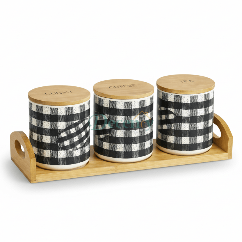 Luxury Black & White Checkered Ceramic Tea Coffee Sugar Jars Set with Bamboo Tray (3-Piece Kitchen Canister Set)
