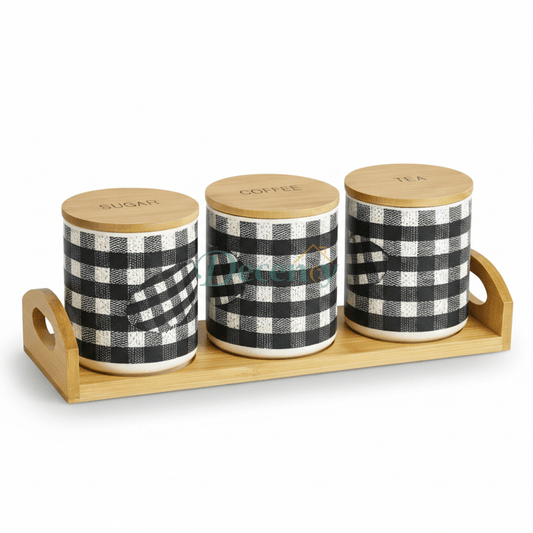 Luxury Black & White Checkered Ceramic Tea Coffee Sugar Jars Set with Bamboo Tray (3-Piece Kitchen Canister Set)