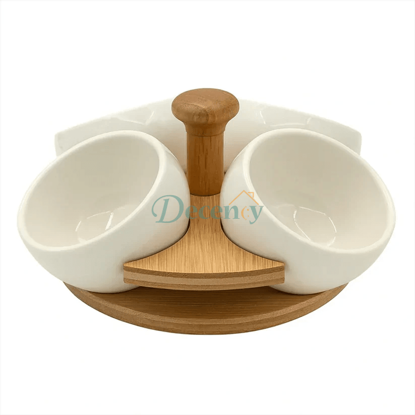 Luxury Ceramic Condiment Bowl Set with Wooden Stand – 4 Pieces
