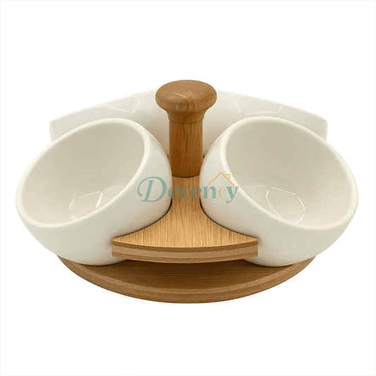 Luxury Ceramic Condiment Bowl Set with Wooden Stand – 4 Pieces