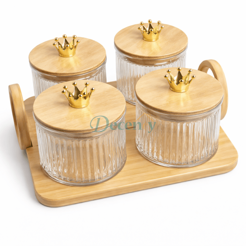 4Pcs Glass Storage Jar Set with Crown Knobs & Bamboo Tray