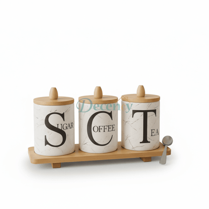 Premium Sugar Tea Coffee Ceramic Jar Set With Bamboo Lids & Tray