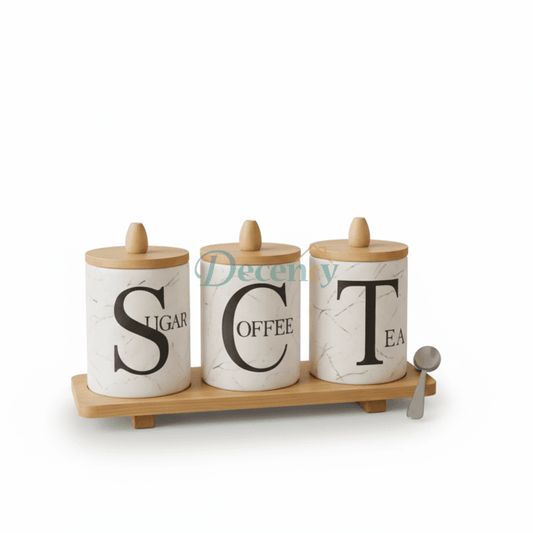 Premium Sugar Tea Coffee Ceramic Jar Set With Bamboo Lids & Tray