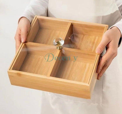 Generic Elegant Wooden Serving Tray with Protective Lid for Snacks and Sweets, 4 Grids