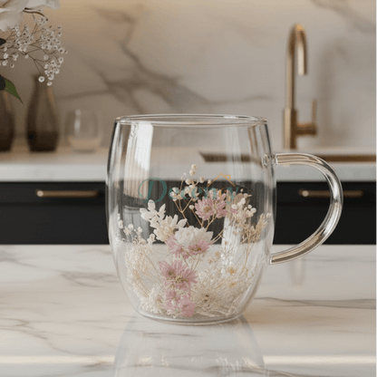 Double Wall Flower Glass Coffee Mug with Bloom Flowers 350 ML