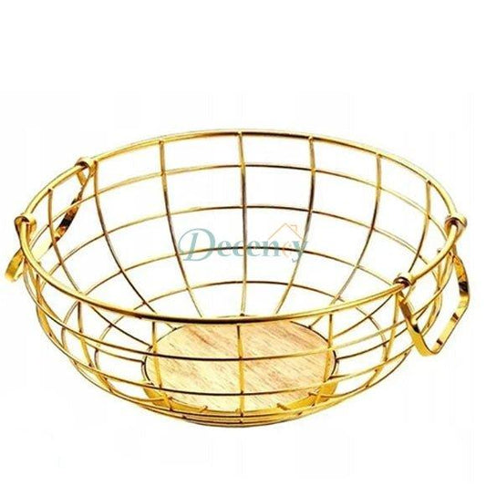 Royal Wooden Base Fruit Basket – Premium Metal ( Golden )