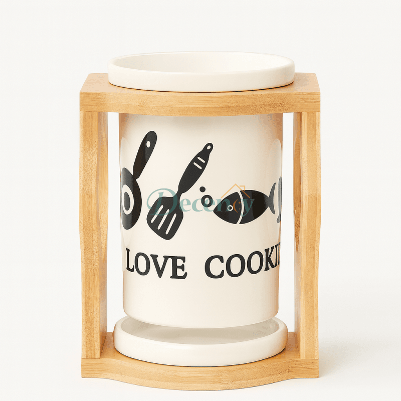 Premium Ceramic Cutlery Holder with Wooden Stand