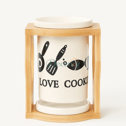 Premium Ceramic Cutlery Holder with Wooden Stand