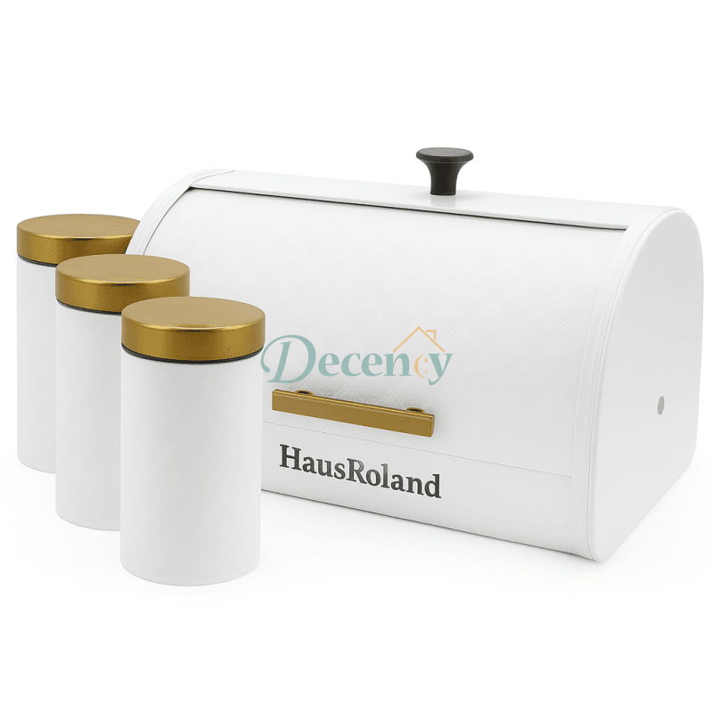 HausRoland Luxe Quilted Bread Bin & Canister Set – White & Gold