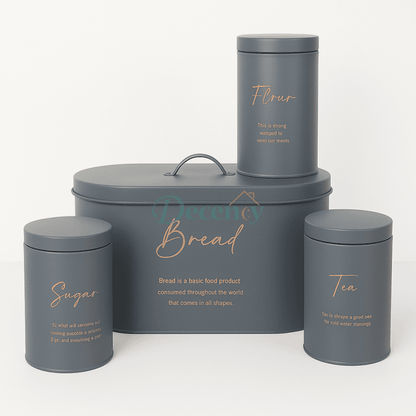 Luxury 4-Piece Metal Bread Bin and Canister Set - Grey