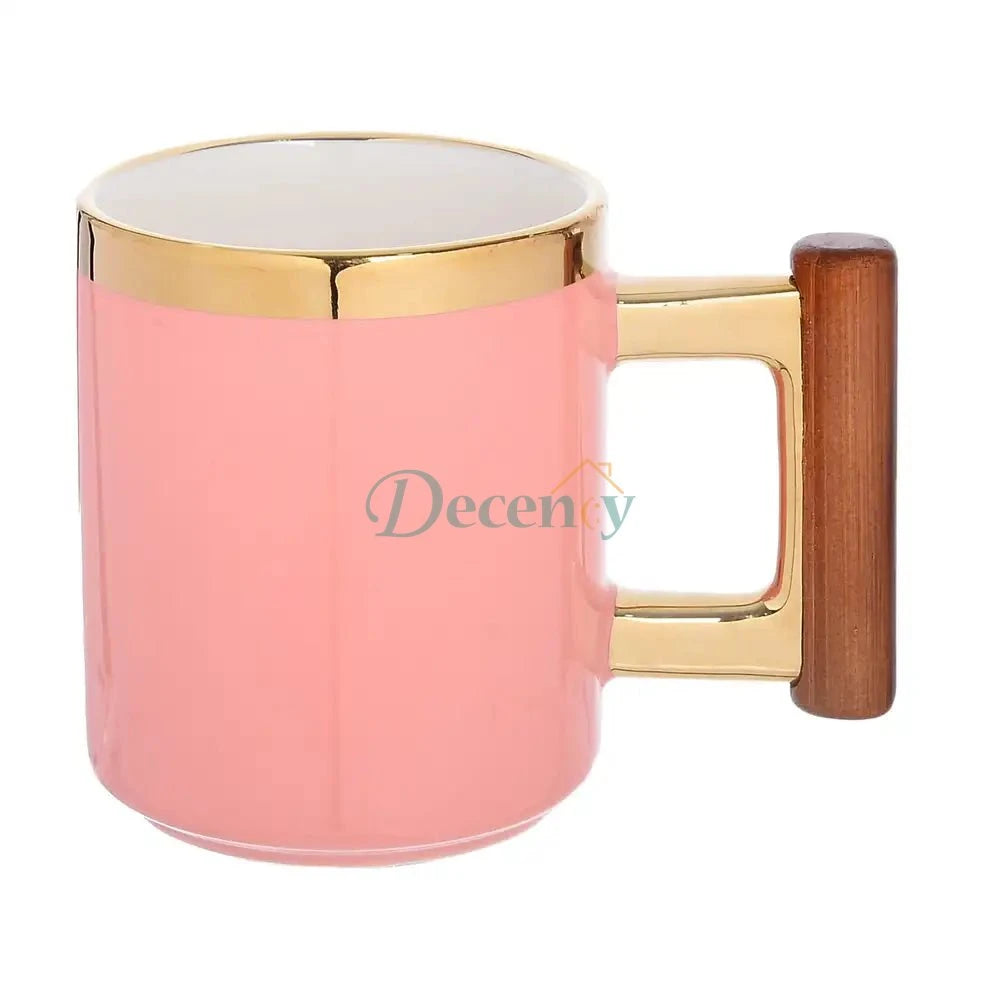 Luxury Ceramic Coffee Mug with Gold Trim & Ergonomic Wood Handle