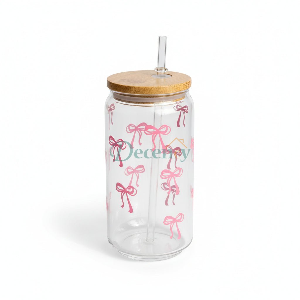 16 Oz Glass Cup with Lid and Straw, Blue Bow Design