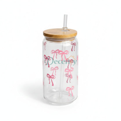 16 Oz Glass Cup with Lid and Straw, Blue Bow Design