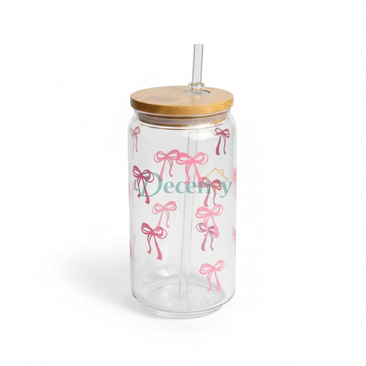 16 Oz Glass Cup with Lid and Straw, Blue Bow Design