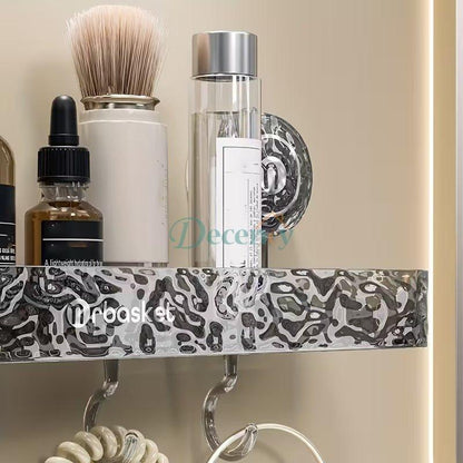Bathroom Tray Storage Rack With Corrugated Design With Hooks For Hanging And Organizing Items.