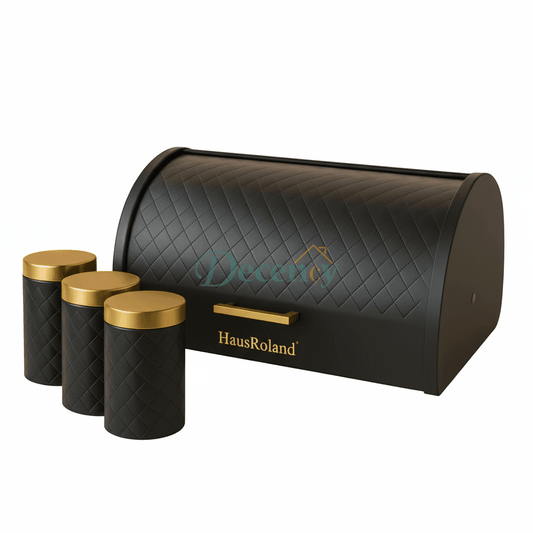 HausRoland Luxe Quilted Bread Bin & Canister Set – Black & Gold