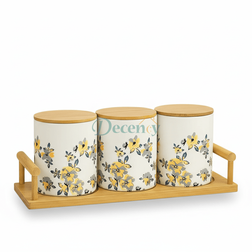 Luxury Floral Ceramic Storage Jar Set with Wooden Lids & Tray (3-Piece)