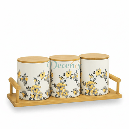 Luxury Floral Ceramic Storage Jar Set with Wooden Lids & Tray (3-Piece)