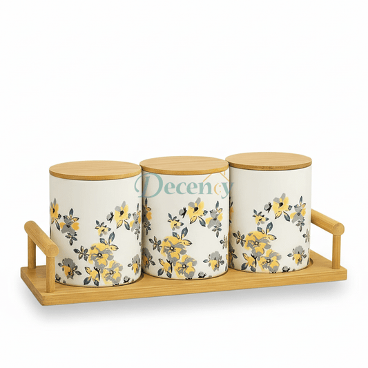 Luxury Floral Ceramic Storage Jar Set with Wooden Lids & Tray (3-Piece)