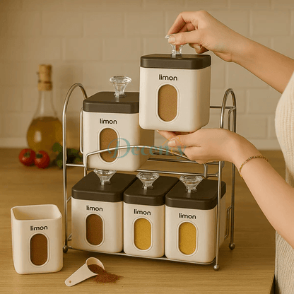 Limon 7-Piece Spice Jar Set with Metal Rack