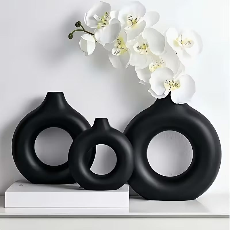 3 Pcs Pure Ceramic Donut White Vase, Original Glazed Ceramic Pot