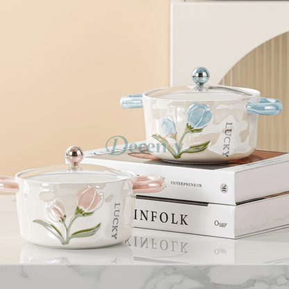 Luxury Floral Heat-Resistant Porcelain Cooking Pot with Glass Lid (1200ML)